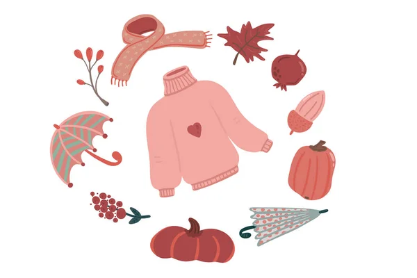 セーターや傘の手描きのアイコン ベクターイラスト — ストックベクタ