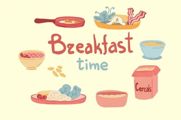 Hora Del Desayuno Con Granos Avena Huevos Hechos Mano Ilustración — Archivo Imágenes Vectoriales