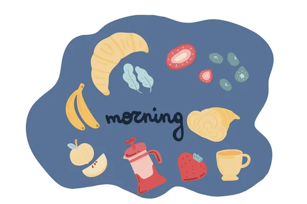 Buenos Días Desayuno Almuerzo Croissant Mano Dibujado Conjunto Ilustración Vectorial — Archivo Imágenes Vectoriales