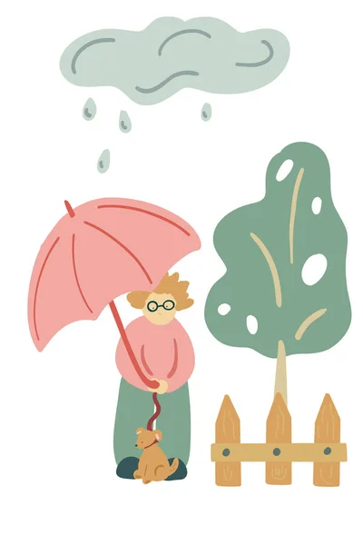 男は傘を持って雨の下で犬と歩く ベクターイラスト — ストックベクタ