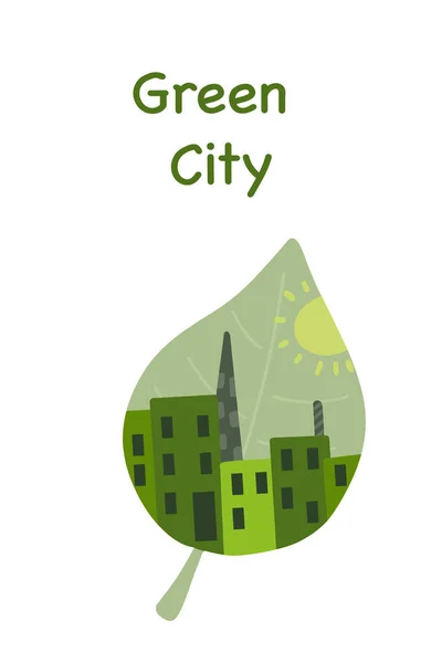 Grüne Stadt Einem Blatt Mit Sonne Hand Gezeichnet Vektorillustration — Stockvektor