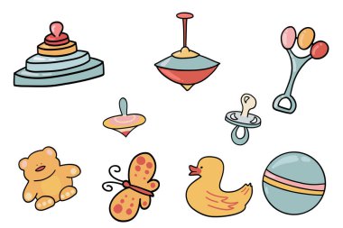 Elle çizilmiş çocuk eşyaları yeni doğmuş. Vektör illüstrasyonu