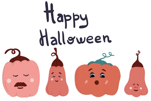 Happy Halloween Pumpkins Hand Drawn Set Vector Illustration — Stock Vector