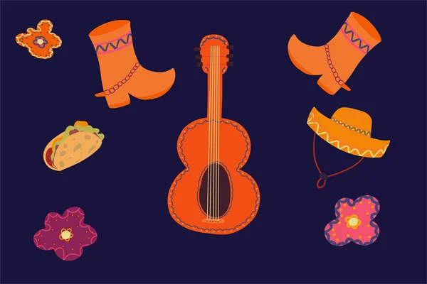 Meksika ikonları el çizimi seti. Vektör illüstrasyonu