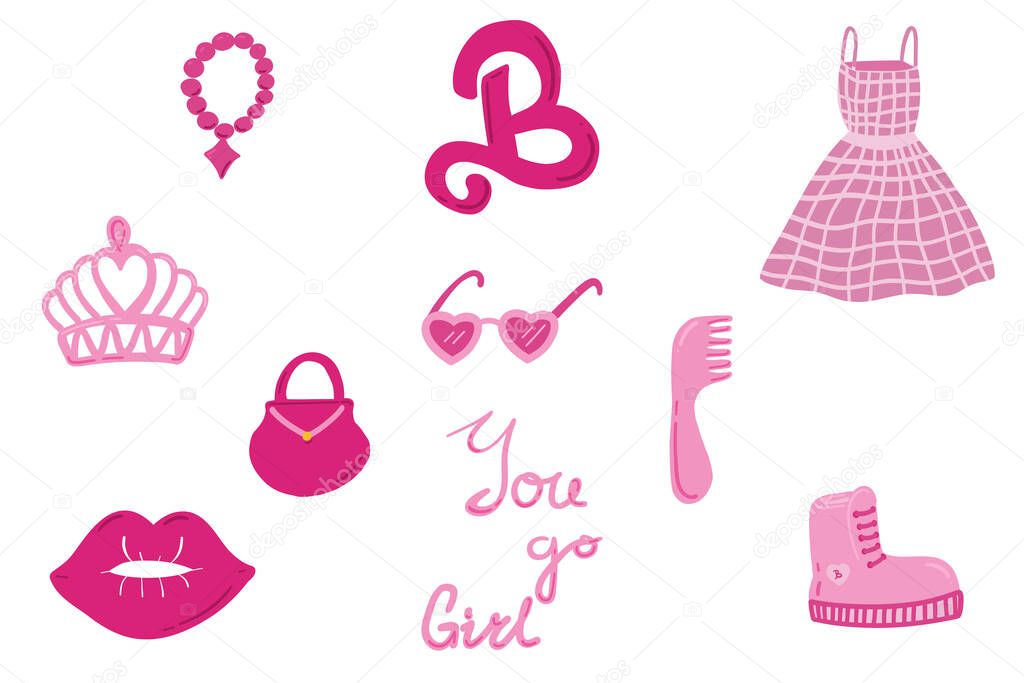 Barbiecore vector hand drawn set of pink icons. Vector illustration