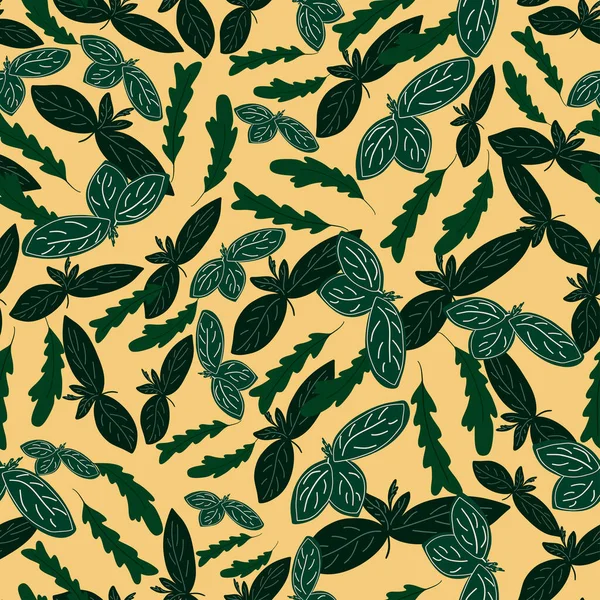 Fesleğen ve yeşil otlar el yapımı, pürüzsüz desen. Vektör illüstrasyonu