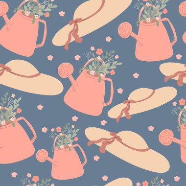 Güneş şapkası sulama kutusu çiçekleri düz dizayn, pürüzsüz desen. Vektör illüstrasyonu