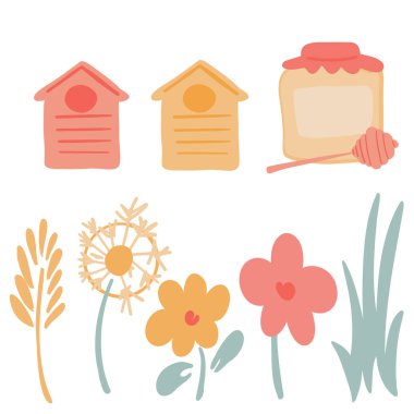 Bal arıları beyaz arka planda çiçek ve düz çim dizaynına sahipler. Vektör illüstrasyonu