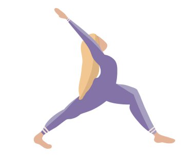 Asana Yoga, mor elbiseli kadını düz dizayn ediyor. Vektör illüstrasyonu