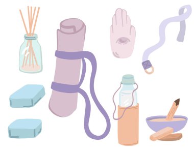 Yoga ekipmanı düz dizayn seti aroma yağı şişesi altlığı ve namaste ile. Vektör illüstrasyonu