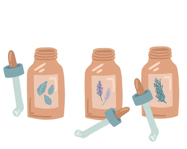 Nane ve lavanta aromalı düz dizayn edilmiş şişeler. Vektör illüstrasyonu