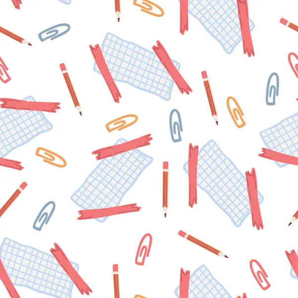 Kağıt çarşaflar düz dizayn, ofis aletleriyle kusursuz desen. Vektör illüstrasyonu