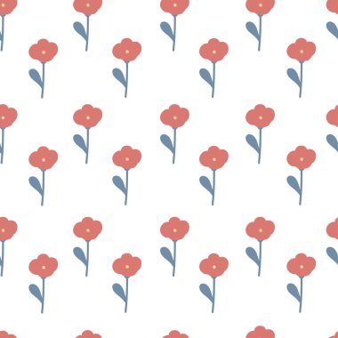 Düz dizayn, basit kırmızı çiçekler, kusursuz desen. Vektör illüstrasyonu