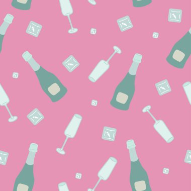 Pembe arka plan düz dizayn, köpüklü şarap, bardak ve buz kalıpları. Vektör illüstrasyonu