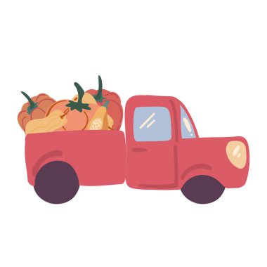 Beyaz arka planda balkabağı desenli kırmızı kamyon. Vektör illüstrasyonu