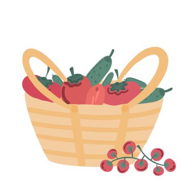 Salatalık ve domates sepeti içinde düz tasarım. Vektör illüstrasyonu