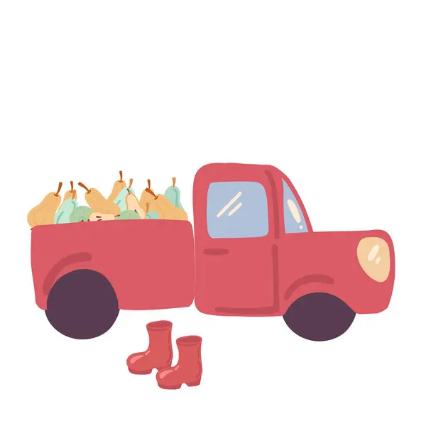 Kırmızı kamyon armut ve çizme düz dizaynlı hasat yapıyor. Vektör illüstrasyonu