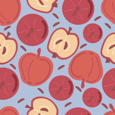 Elmalar düz dizaynlı, dikdörtgen desenli mavi arka plan. Vektör illüstrasyonu