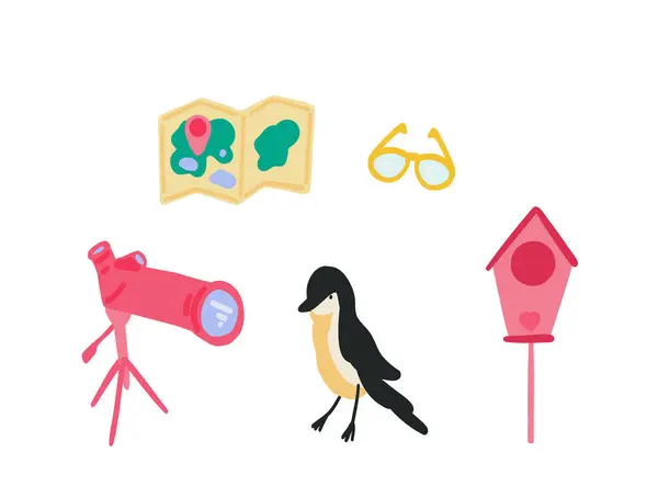 Kuş izleme düz dizayn, kuş ve harita seti. Vektör illüstrasyonu