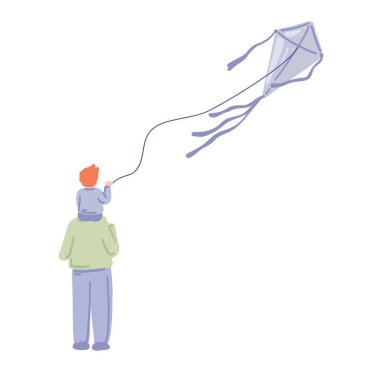 Düz dizayn baba ve çocuk uçurtma set vektörünü izliyor. Vektör illüstrasyonu