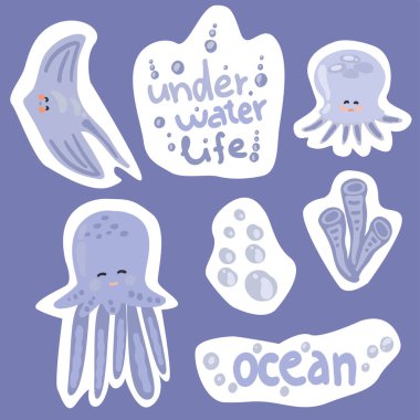 Mavi deniz hayvanları okyanus titreşimli düz dizayn seti. Vektör illüstrasyonu