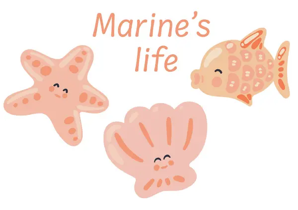 Kabuklu deniz ürünleri ve yıldız balıklarıyla düz dizayn. Vektör illüstrasyonu