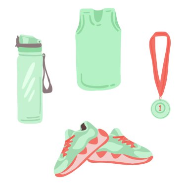 Düz dizayn seti, koşu ekipmanı snickers gömlek ve şişe ile. Vektör illüstrasyonu