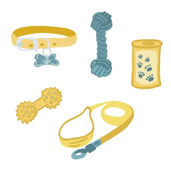 Sarı ve mavi düz dizayn evcil hayvan bakım seti. Vektör illüstrasyonu