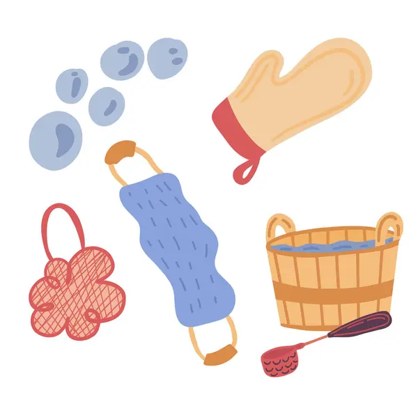 Banyo saunası düz tasarım seti. Vektör illüstrasyonu