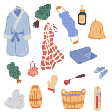 Sauna ekipmanları, düz dizayn, büyük set. Vektör illüstrasyonu