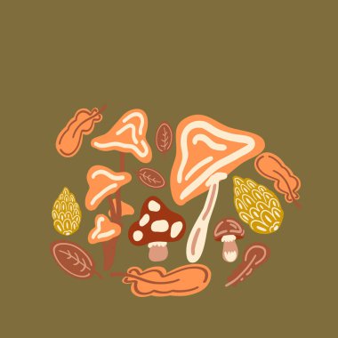 Orman sonbaharı düz dizayn mantar yaprakları. Vektör illüstrasyonu