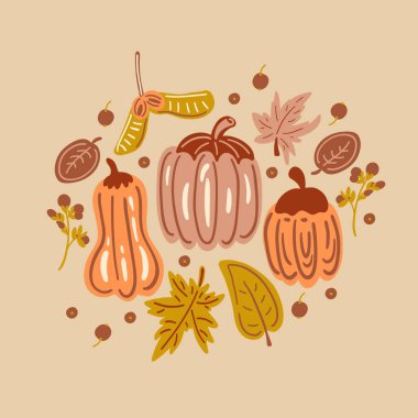 Sonbahar seti düz dizayn balkabağı meyveli böğürtlen bırakır. Vektör illüstrasyonu