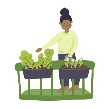 Dark skin girl female watering flowers and plants on a balcony flat design. Vector illustration clipart