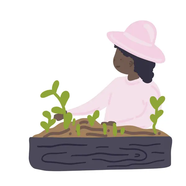 Black skin lady growing plants flat design set. Vector illustration