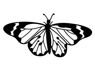 Tek renkli kelebek silueti siyah çiçekleri kesiyor. Vektör illüstrasyonu