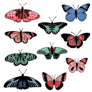 Güzel retro güzel kelebekler düz dizayn. Vektör illüstrasyonu