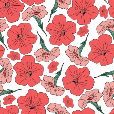 Kusursuz desenli düz dizayn çiçek bitkisi petunyası. Vektör illüstrasyonu