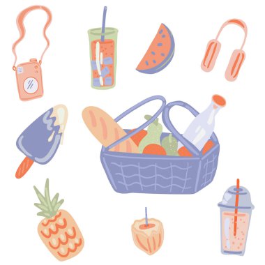 Yaz pikniği düz dizayn seti, sepet içecekler, karpuz ve dondurma. Vektör illüstrasyonu