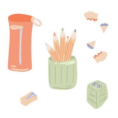 Okul malzemeleriyle düz dizayn. Vektör illüstrasyonu