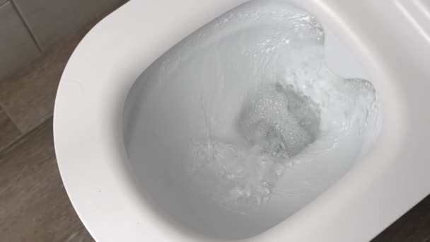 冲水马桶水冲刷厕所 水的流动很明显 陶瓷马桶里的水 延迟动议 水流从口中流出或从源头流出 — 图库视频影像