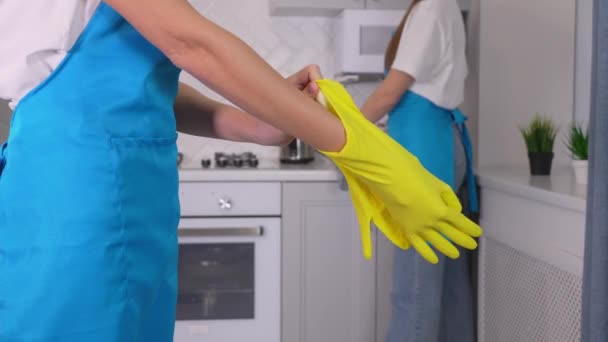 クリーニング会社からの専門のクリーナーの手のクローズアップ 彼女は2番目の労働者とアパートの前に黄色の手袋を着用する グループの人々のきれいなアパート 個人情報保護衛生製品 — ストック動画