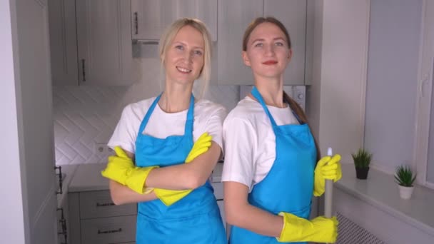 Equipo Profesional Limpiadores Uniformados Que Trabajan Apartamento Loft Moderno Retrato — Vídeo de stock