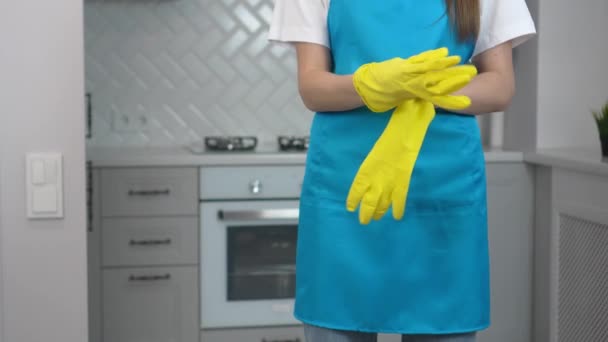 Husholdning Koncept Housemaid Iført Handsker Forklæde Til Forberede Rengøring Hus – Stock-video