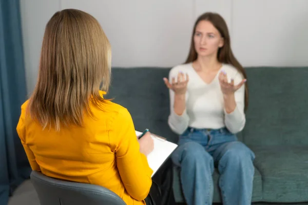 Woman Psychologist Talks Helps Girl Recording Important Studies Tablet View — Stock Photo, Image