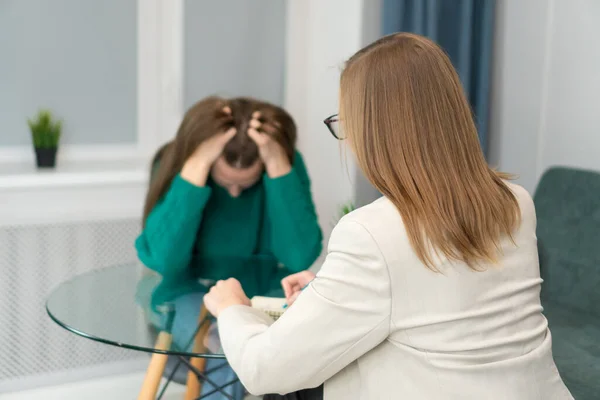 Sad Suffering Young Woman Holds Her Head Consultation Psychologist Taking — Stock Photo, Image
