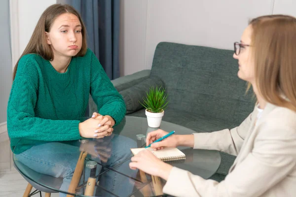 Two Depressed Women Glass Table Talking Pressing Problems Interview Young — Stock Photo, Image