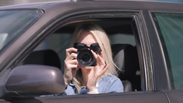 Fotografia Escondida Paparazzi Concep Fotógrafo Usa Sua Câmera Profissional Menina — Vídeo de Stock