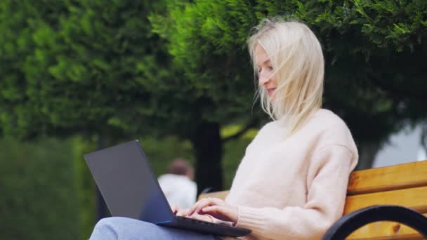 Žena Pracující Notebooku Parku Sedící Lavičce Slunečného Dne Venku Mobilní — Stock video