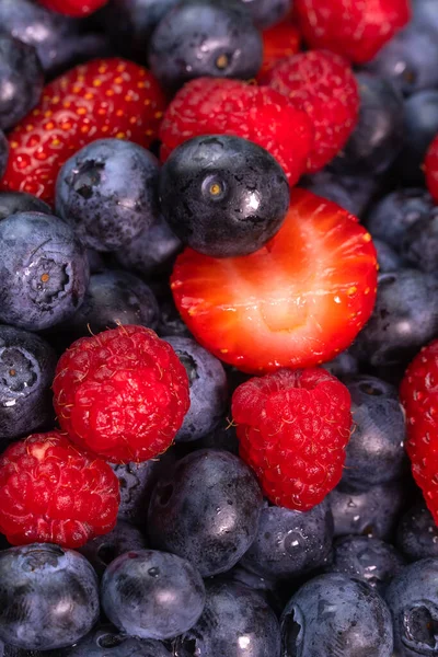 Bright Background Berry Mix Blueberries Raspberries Strawberries Macro Photography Salad — Stock Photo, Image