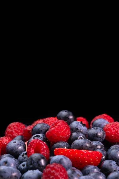 Colorful Berries Close Black Background Front View Macro Photography Blueberries — Stock Photo, Image